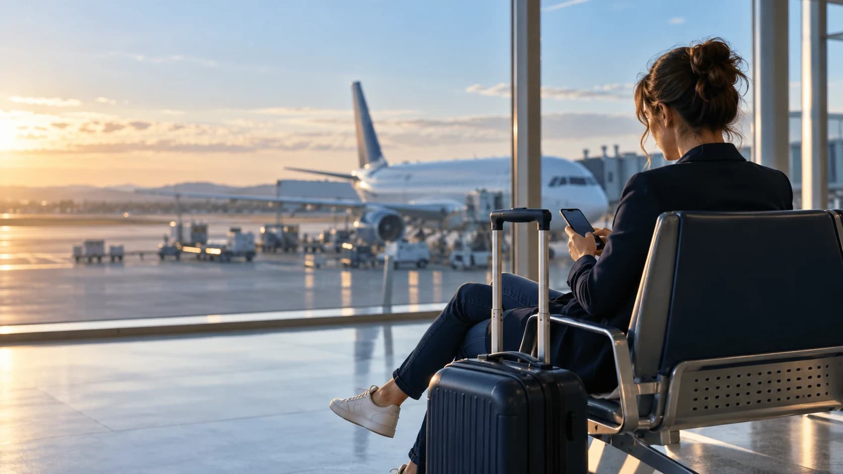 Passeggera in attesa al gate che consulta informazioni di viaggio sul telefono