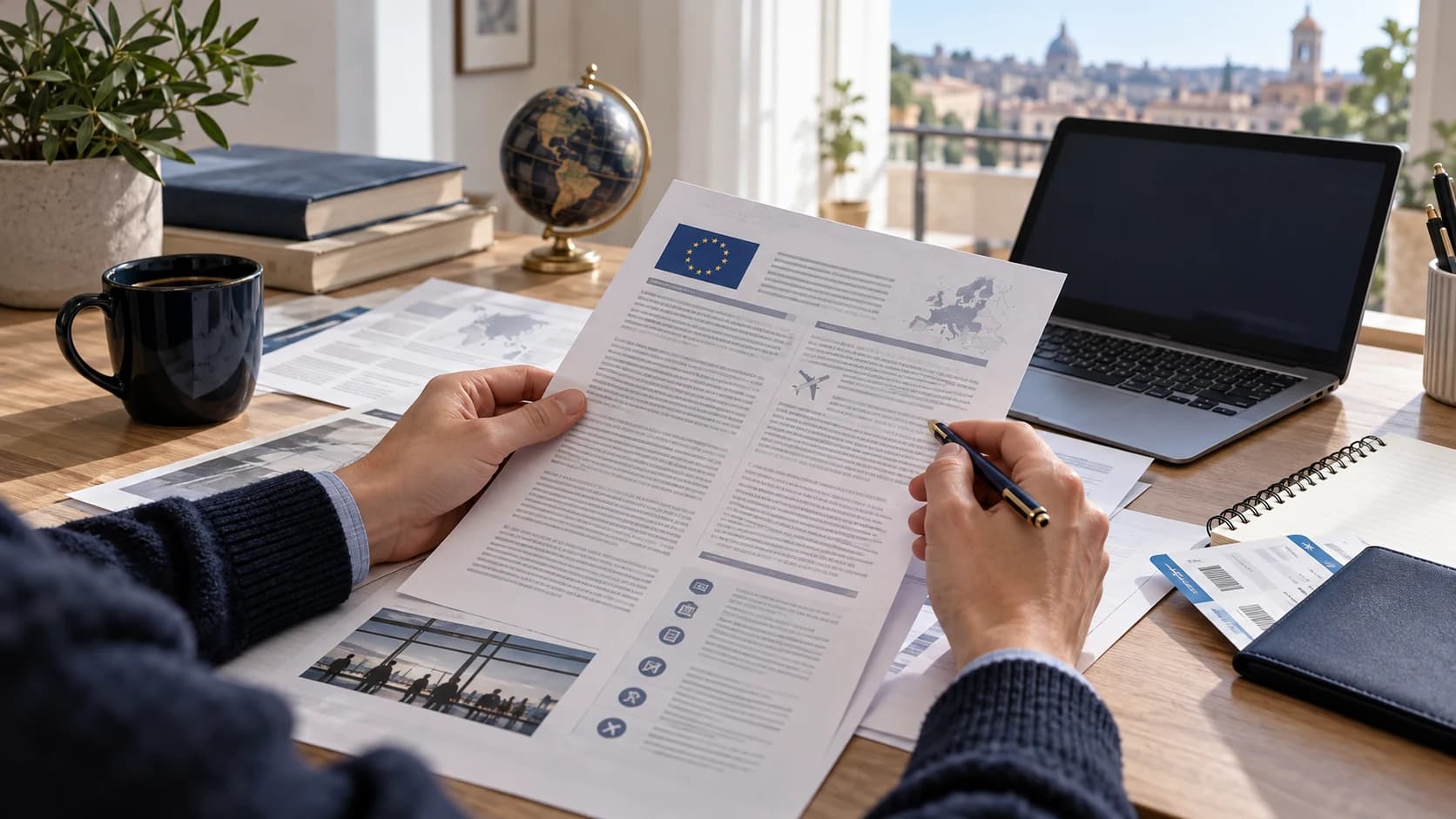 Persona che confronta documenti di viaggio e informazioni sul computer