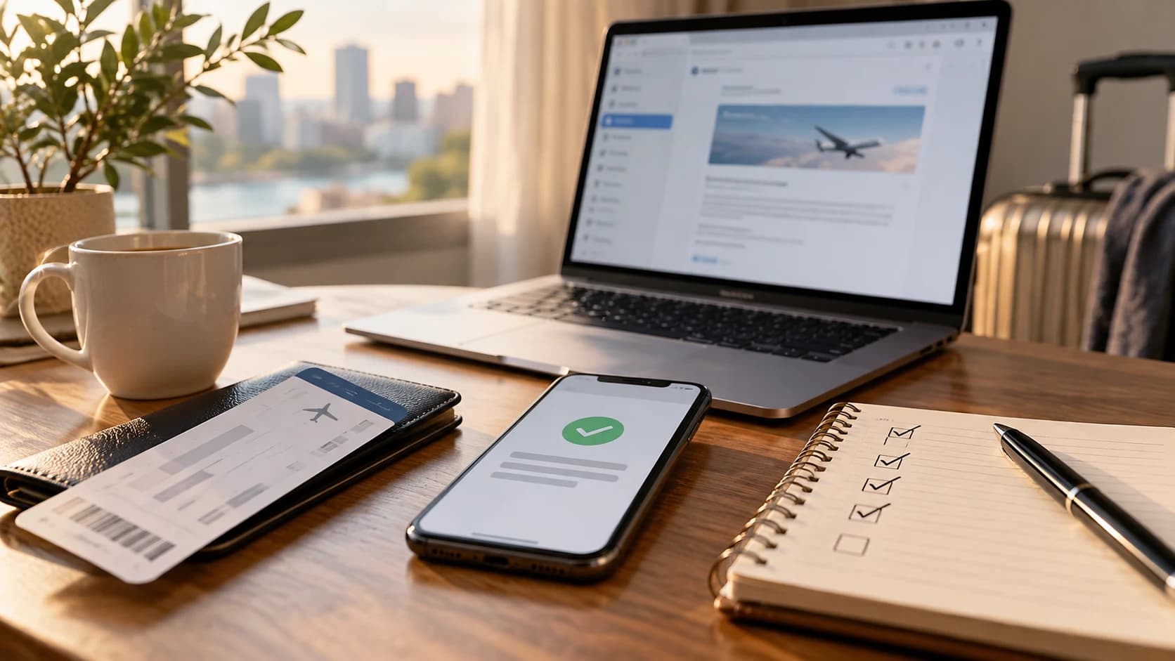 Biglietto aereo, email della compagnia e lista di controllo su una scrivania mentre il viaggiatore verifica il rimborso