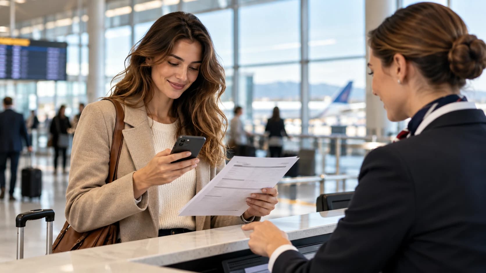 Passeggera controlla i dettagli della richiesta di rimborso del biglietto con un’addetta al banco assistenza in aeroporto