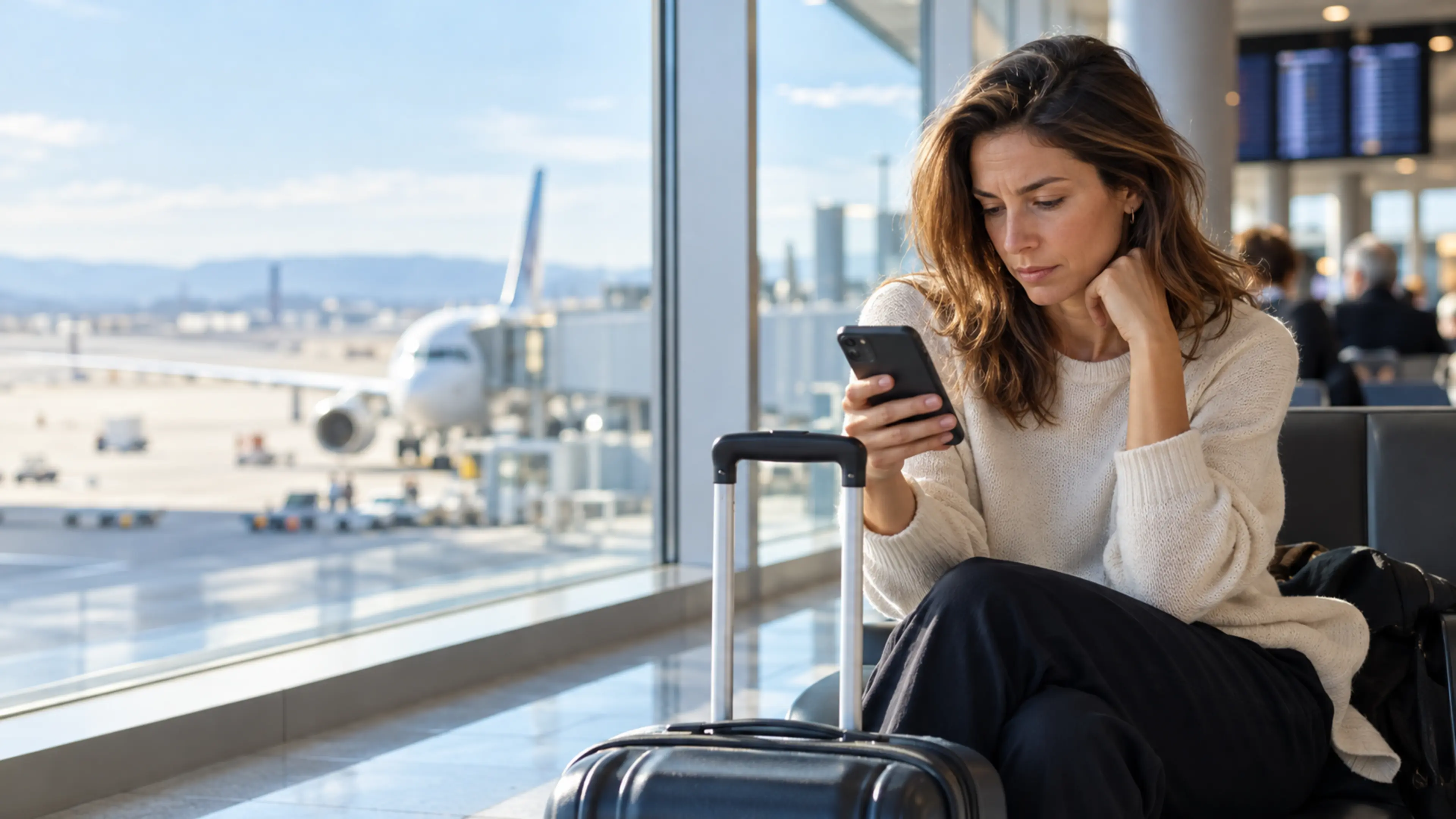 Viaggiatrice con trolley controlla una comunicazione sul telefono in un terminal aeroportuale luminoso, con un aereo oltre le vetrate
