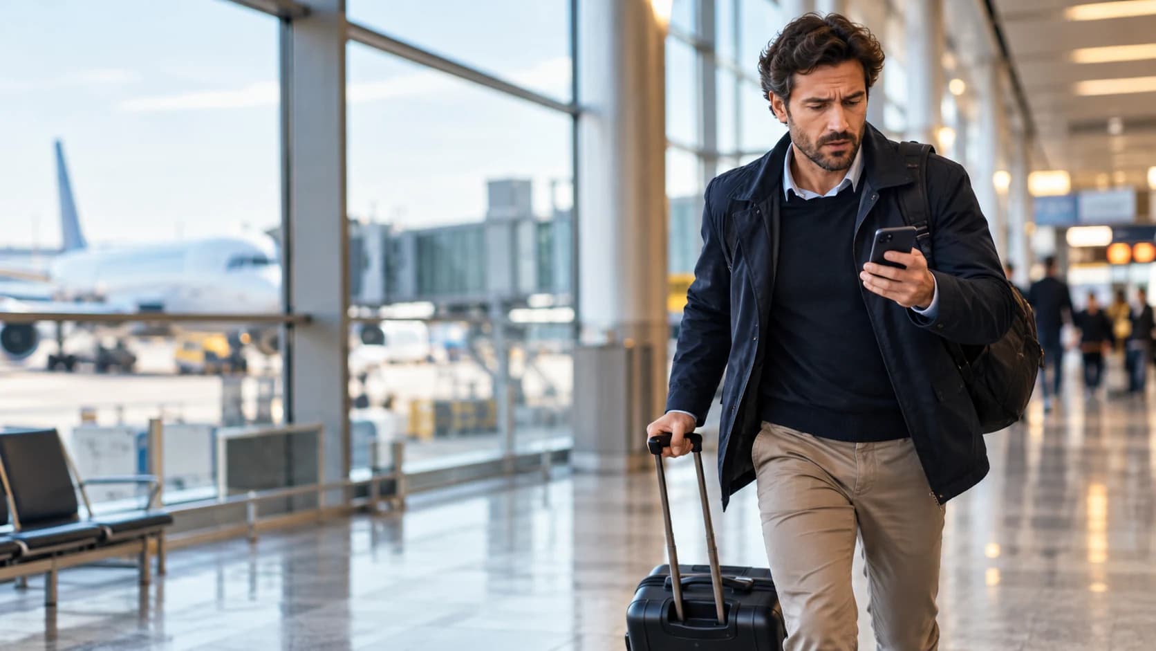 Viaggiatore in aeroporto che controlla sul telefono una comunicazione della compagnia