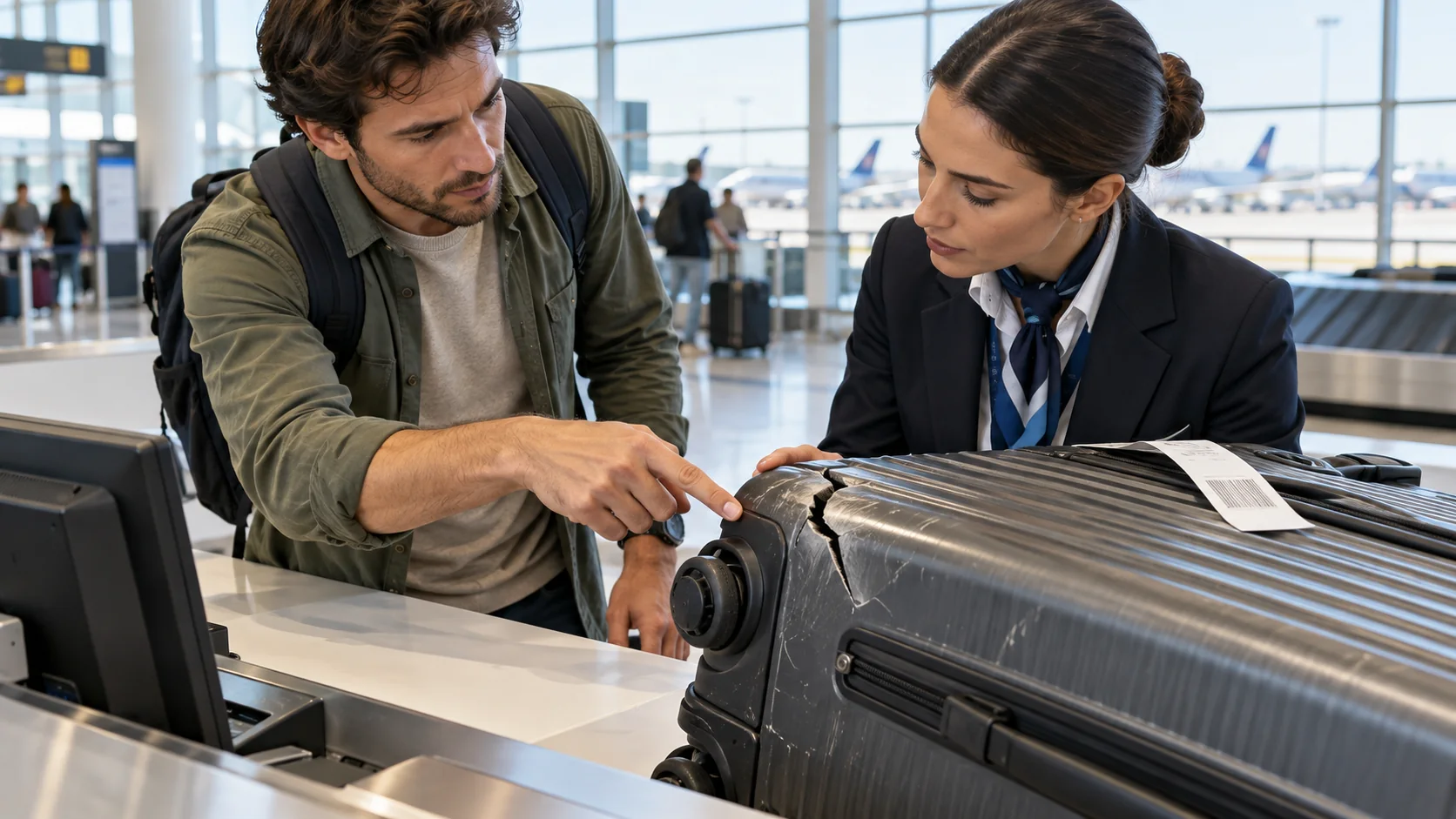 Passeggero e addetta all’assistenza bagagli esaminano una valigia rigida con un guscio spaccato in aeroporto