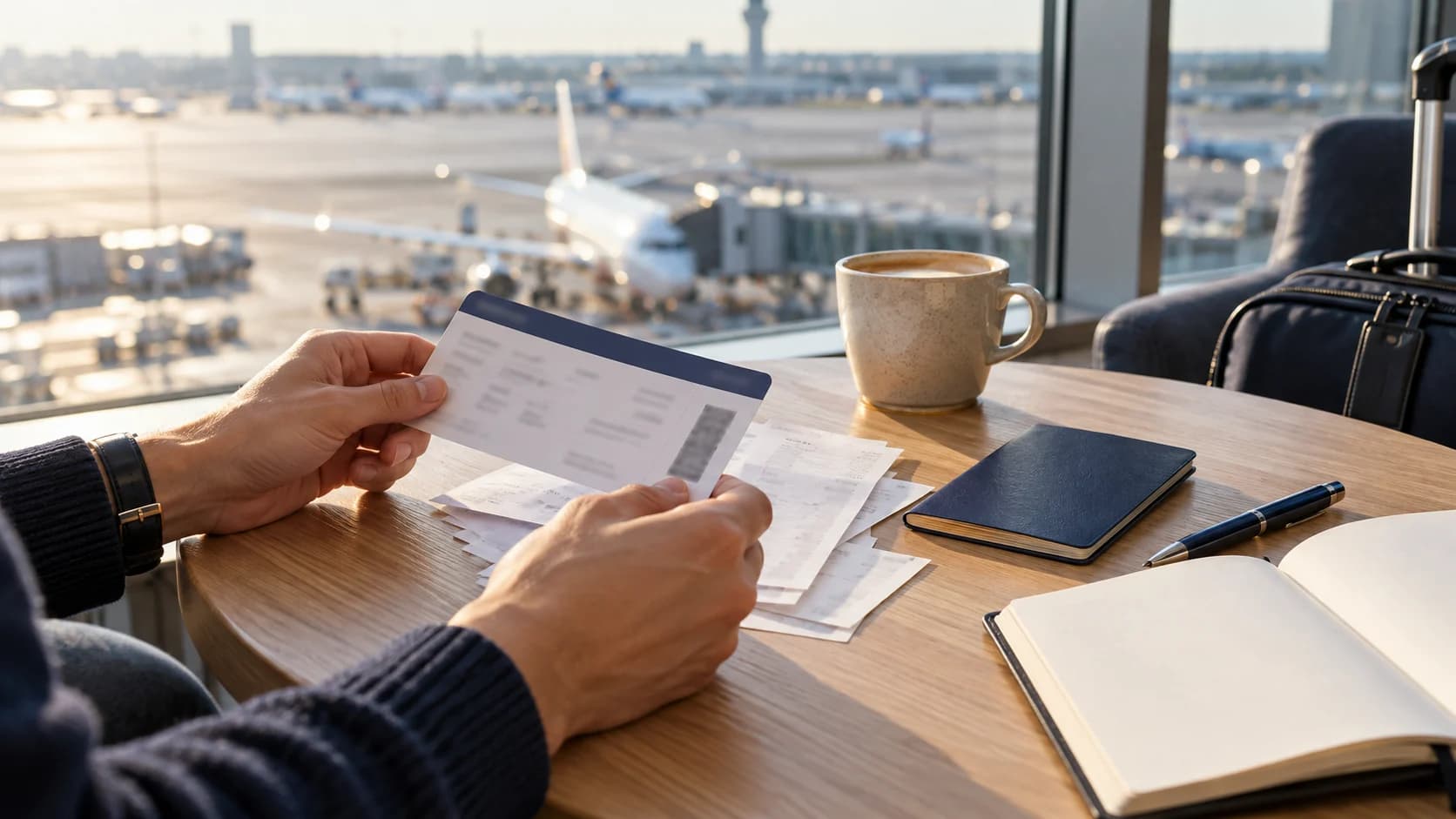 Mani di un passeggero sistemano biglietti, ricevute, passaporto chiuso e quaderno al tavolo di una lounge aeroportuale