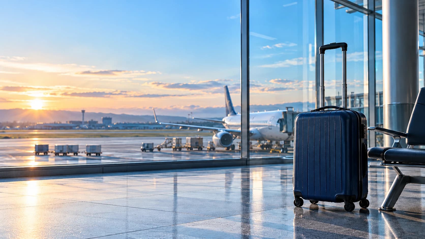 Valigia accanto alle sedute di un gate mentre il terminal si illumina all'alba