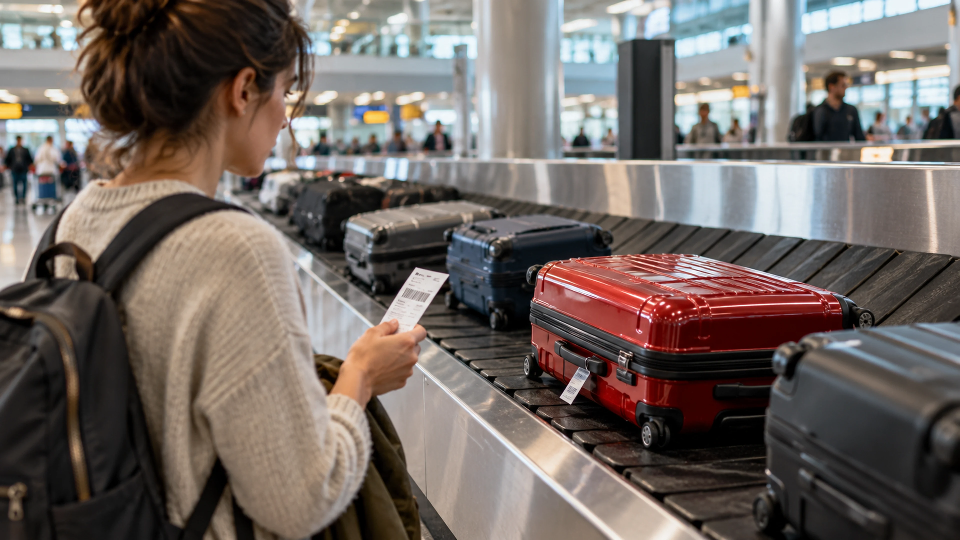 Viaggiatrice all'area riconsegna bagagli controlla la ricevuta mentre una valigia rossa passa sul nastro trasportatore