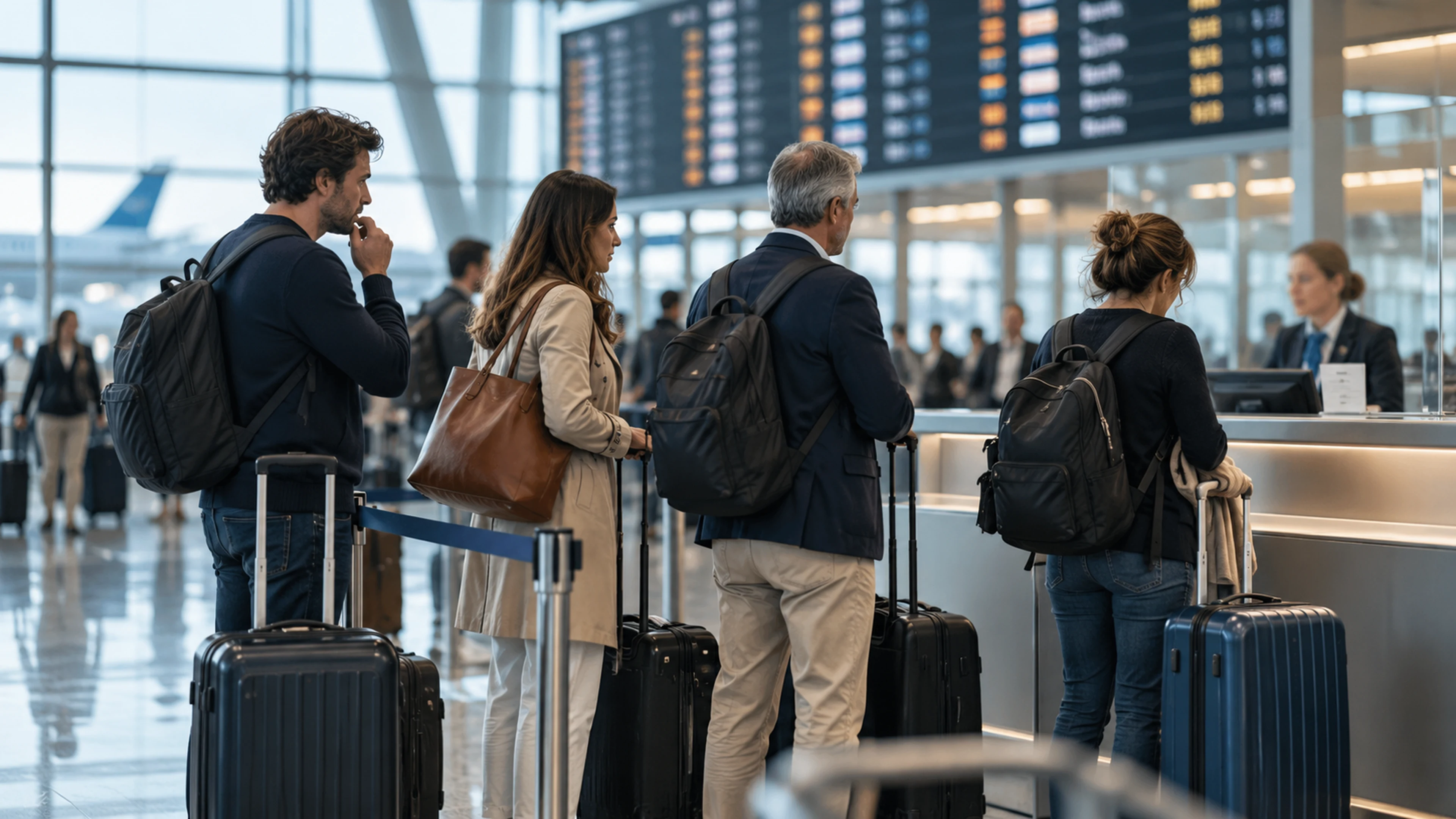 Viaggiatori in fila con trolley al banco assistenza di un aeroporto, con il tabellone partenze sfocato sullo sfondo