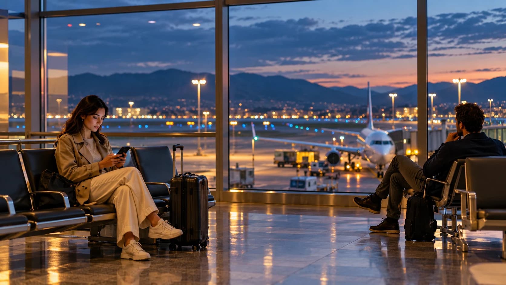 Passeggeri in attesa in un terminal aeroportuale durante un viaggio serale