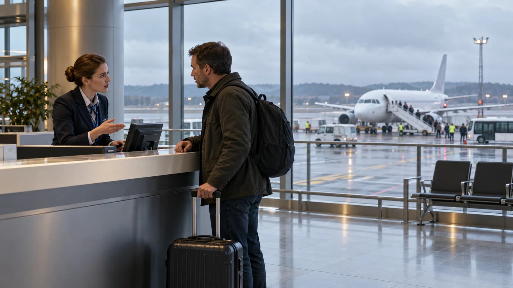 Passeggero con bagaglio chiede informazioni a un'addetta in un aeroporto mentre un aereo è fermo sul piazzale