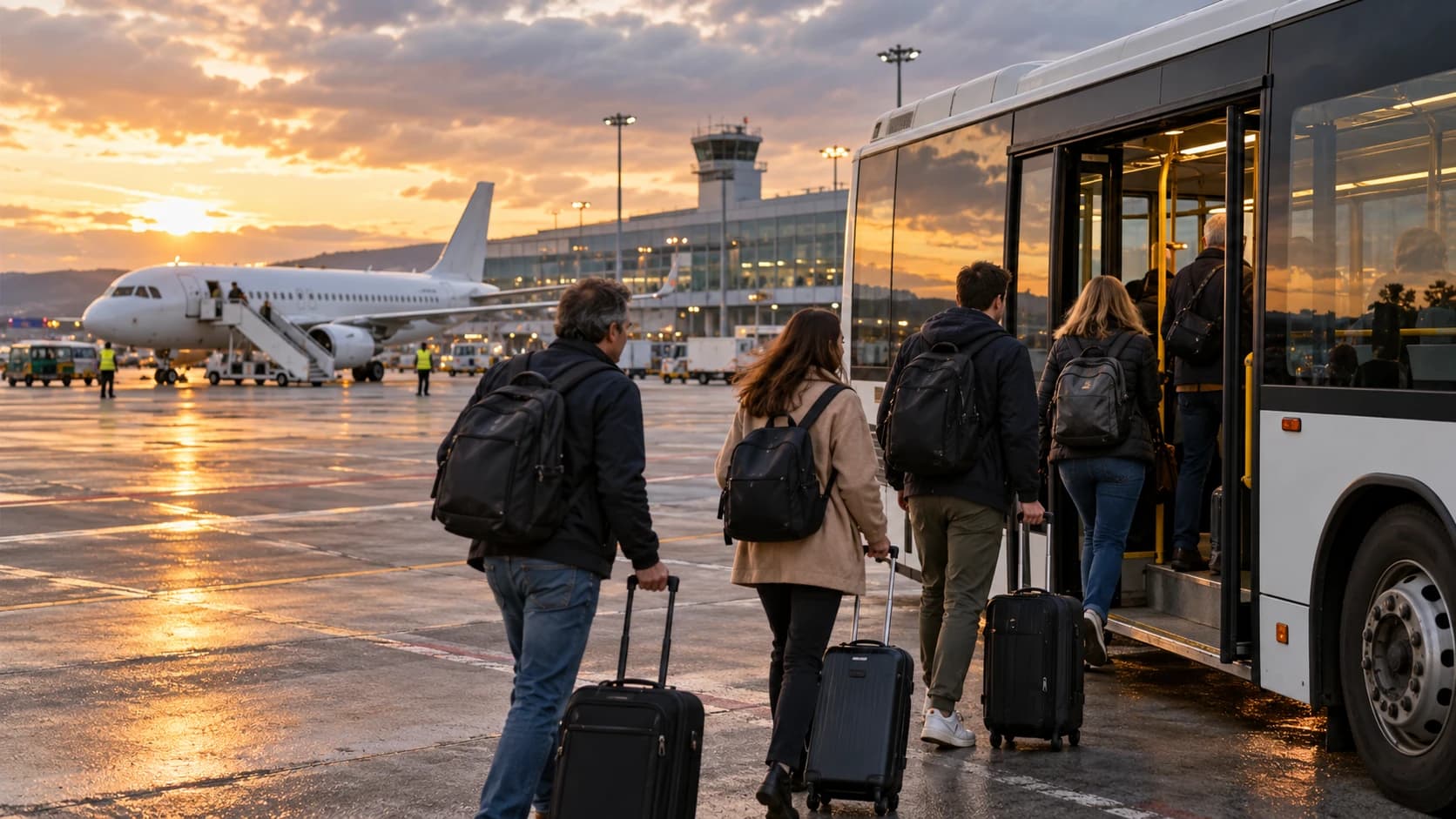 Passeggeri con valigie salgono su una navetta aeroportuale accanto a un aereo al tramonto